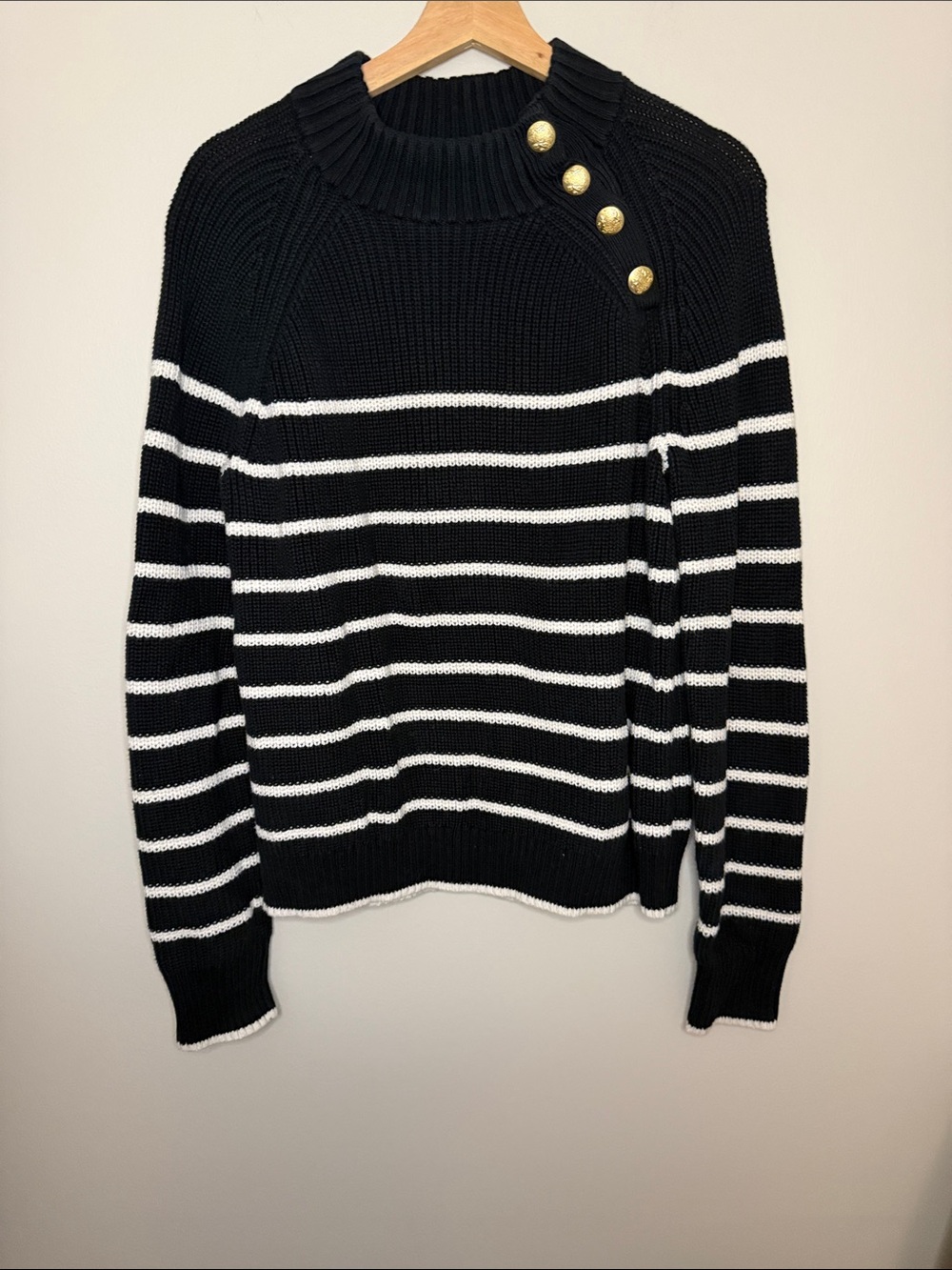 J. Crew Black & White Striped Crewneck Sweater with Gold Buttons